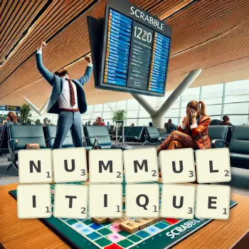 Illustration créative d'un jeu de lettres avec le mot NUMMULITIQUE épelé sur le plateau.