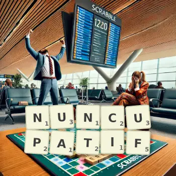 Illustration créative d'un jeu de lettres avec le mot NUNCUPATIF épelé sur le plateau.