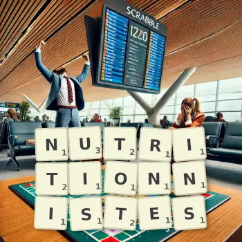 Illustration créative d'un jeu de lettres avec le mot NUTRITIONNISTES épelé sur le plateau.