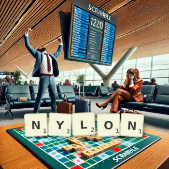 Illustration créative d'un jeu de lettres avec le mot NYLON épelé sur le plateau.