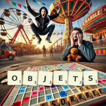 Illustration créative d'un jeu de lettres avec le mot OBJETS épelé sur le plateau.