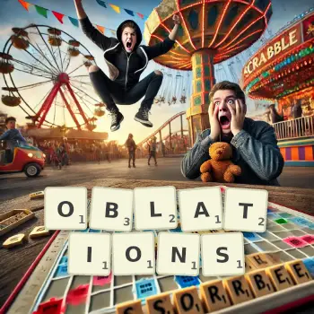 Illustration créative d'un jeu de lettres avec le mot OBLATIONS épelé sur le plateau.