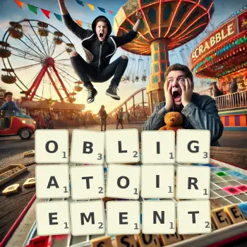 Illustration créative d'un jeu de lettres avec le mot OBLIGATOIREMENT épelé sur le plateau.