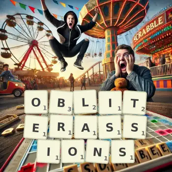 Illustration créative d'un jeu de lettres avec le mot OBLITERASSIONS épelé sur le plateau.