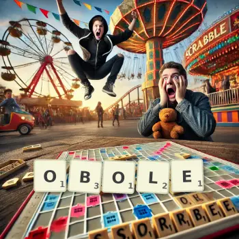 Illustration créative d'un jeu de lettres avec le mot OBOLE épelé sur le plateau.