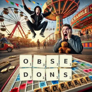 Illustration créative d'un jeu de lettres avec le mot OBSEDONS épelé sur le plateau.