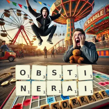 Illustration créative d'un jeu de lettres avec le mot OBSTINERAI épelé sur le plateau.