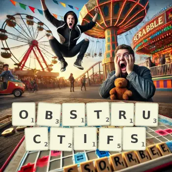 Illustration créative d'un jeu de lettres avec le mot OBSTRUCTIFS épelé sur le plateau.