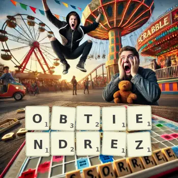 Illustration créative d'un jeu de lettres avec le mot OBTIENDREZ épelé sur le plateau.