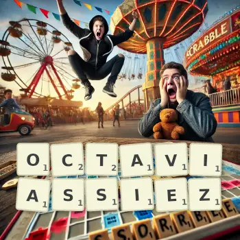 Illustration créative d'un jeu de lettres avec le mot OCTAVIASSIEZ épelé sur le plateau.
