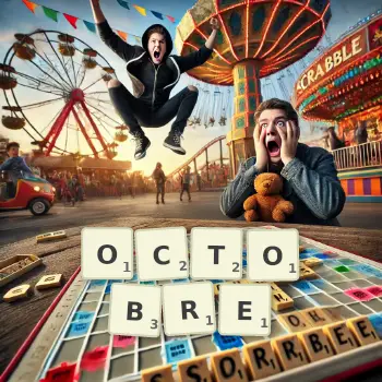Illustration créative d'un jeu de lettres avec le mot OCTOBRE épelé sur le plateau.