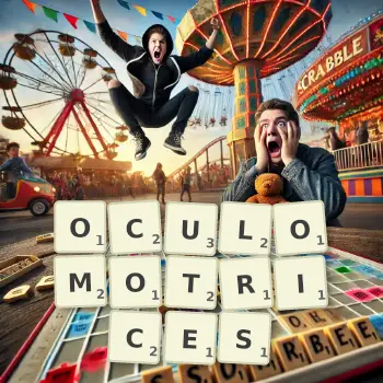 Illustration créative d'un jeu de lettres avec le mot OCULOMOTRICES épelé sur le plateau.