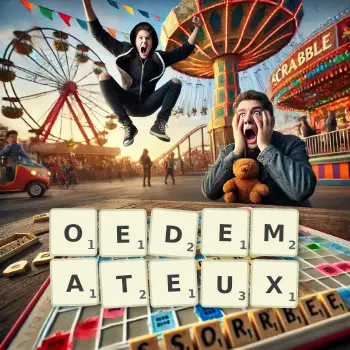 Illustration créative d'un jeu de lettres avec le mot OEDEMATEUX épelé sur le plateau.