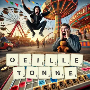 Illustration créative d'un jeu de lettres avec le mot OEILLETONNE épelé sur le plateau.