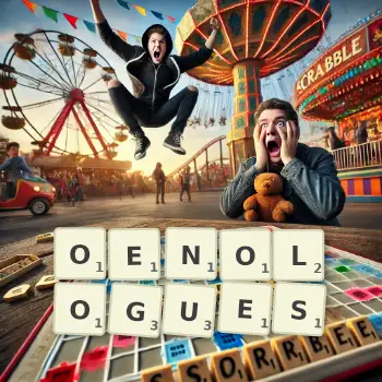 Illustration créative d'un jeu de lettres avec le mot OENOLOGUES épelé sur le plateau.