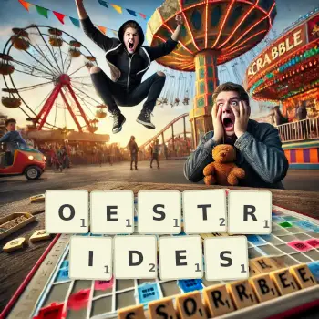 Illustration créative d'un jeu de lettres avec le mot OESTRIDES épelé sur le plateau.
