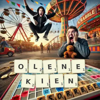 Illustration créative d'un jeu de lettres avec le mot OLENEKIEN épelé sur le plateau.