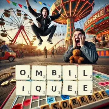 Illustration créative d'un jeu de lettres avec le mot OMBILIQUEE épelé sur le plateau.