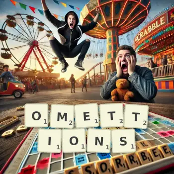 Illustration créative d'un jeu de lettres avec le mot OMETTIONS épelé sur le plateau.