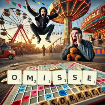 Illustration créative d'un jeu de lettres avec le mot OMISSE épelé sur le plateau.