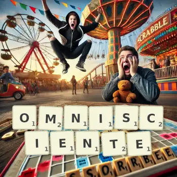 Illustration créative d'un jeu de lettres avec le mot OMNISCIENTE épelé sur le plateau.