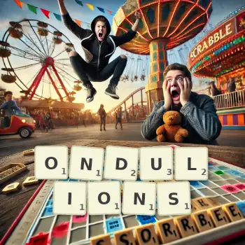 Illustration créative d'un jeu de lettres avec le mot ONDULIONS épelé sur le plateau.