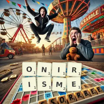 Illustration créative d'un jeu de lettres avec le mot ONIRISME épelé sur le plateau.