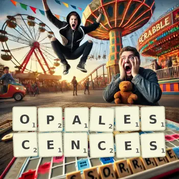 Illustration créative d'un jeu de lettres avec le mot OPALESCENCES épelé sur le plateau.