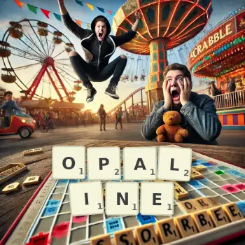 Illustration créative d'un jeu de lettres avec le mot OPALINE épelé sur le plateau.