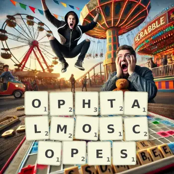 Illustration créative d'un jeu de lettres avec le mot OPHTALMOSCOPES épelé sur le plateau.