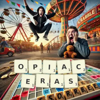 Illustration créative d'un jeu de lettres avec le mot OPIACERAS épelé sur le plateau.