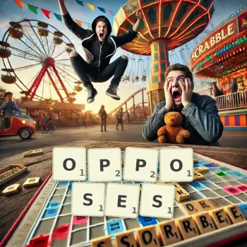 Illustration créative d'un jeu de lettres avec le mot OPPOSES épelé sur le plateau.