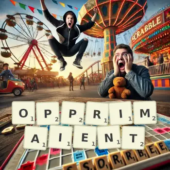 Illustration créative d'un jeu de lettres avec le mot OPPRIMAIENT épelé sur le plateau.