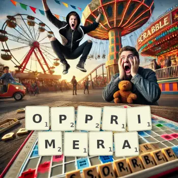 Illustration créative d'un jeu de lettres avec le mot OPPRIMERA épelé sur le plateau.