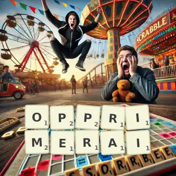 Illustration créative d'un jeu de lettres avec le mot OPPRIMERAI épelé sur le plateau.