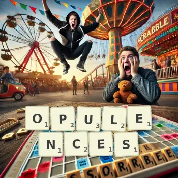 Illustration créative d'un jeu de lettres avec le mot OPULENCES épelé sur le plateau.