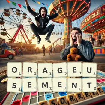 Illustration créative d'un jeu de lettres avec le mot ORAGEUSEMENT épelé sur le plateau.