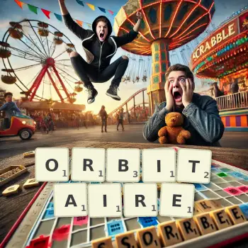 Illustration créative d'un jeu de lettres avec le mot ORBITAIRE épelé sur le plateau.