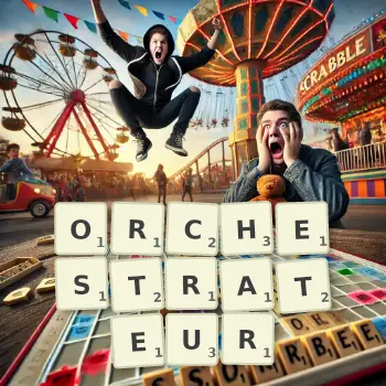 Illustration créative d'un jeu de lettres avec le mot ORCHESTRATEUR épelé sur le plateau.