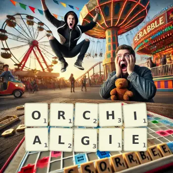 Illustration créative d'un jeu de lettres avec le mot ORCHIALGIE épelé sur le plateau.