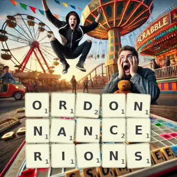 Illustration créative d'un jeu de lettres avec le mot ORDONNANCERIONS épelé sur le plateau.