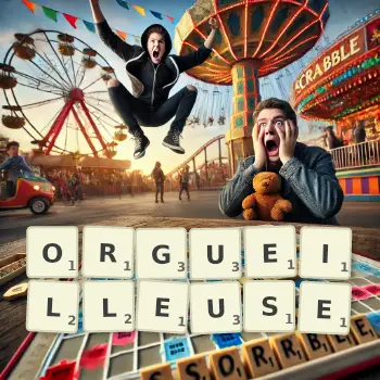 Illustration créative d'un jeu de lettres avec le mot ORGUEILLEUSE épelé sur le plateau.