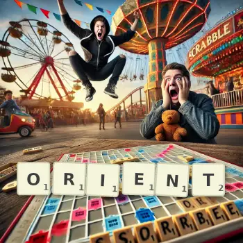 Illustration créative d'un jeu de lettres avec le mot ORIENT épelé sur le plateau.