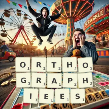 Illustration créative d'un jeu de lettres avec le mot ORTHOGRAPHIEES épelé sur le plateau.