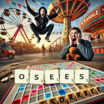 Illustration créative d'un jeu de lettres avec le mot OSEES épelé sur le plateau.