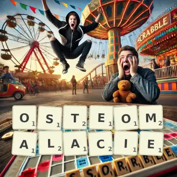 Illustration créative d'un jeu de lettres avec le mot OSTEOMALACIE épelé sur le plateau.
