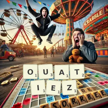 Illustration créative d'un jeu de lettres avec le mot OUATIEZ épelé sur le plateau.