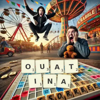 Illustration créative d'un jeu de lettres avec le mot OUATINA épelé sur le plateau.