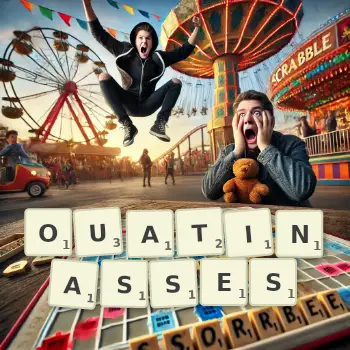 Illustration créative d'un jeu de lettres avec le mot OUATINASSES épelé sur le plateau.