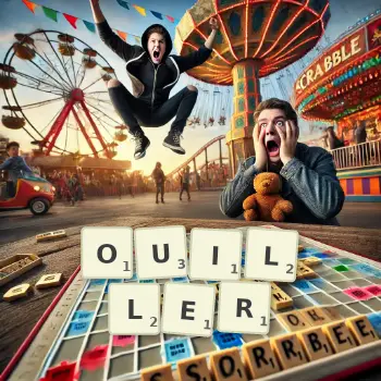 Illustration créative d'un jeu de lettres avec le mot OUILLER épelé sur le plateau.